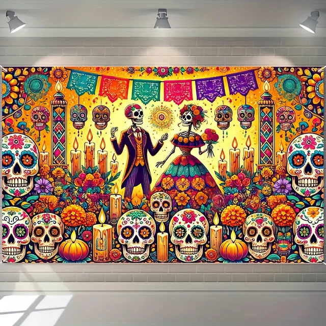 Alt view image 5 of 5 - Dia de Los Muertos Banner 71x43 in Skull Decor Day of the Dead Background and Sugar Skull Fiesta Banner for Fiesta, Photo Booth and Wall, Skull Illustration