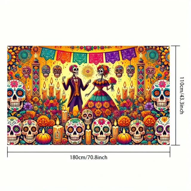 Alt view image 4 of 5 - Dia de Los Muertos Banner 71x43 in Skull Decor Day of the Dead Background and Sugar Skull Fiesta Banner for Fiesta, Photo Booth and Wall, Skull Illustration