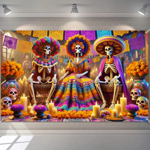 Main image of Dia de Los Muertos Banner 71x43 in Skeleton Couple Party Decor Day of the Dead Background, Sugar Skull Fiesta Banner for Fiesta, Wall and Photo Booth, Skeleton Couple Artwork