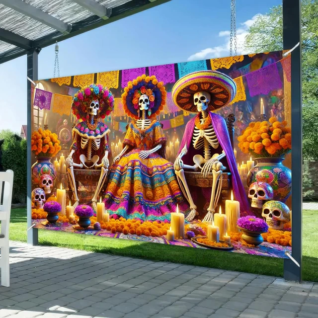 Alt view image 2 of 6 - Dia de Los Muertos Banner 71x43 in Skeleton Couple Party Decor Day of the Dead Background, Sugar Skull Fiesta Banner for Fiesta, Wall and Photo Booth, Skeleton Couple Artwork