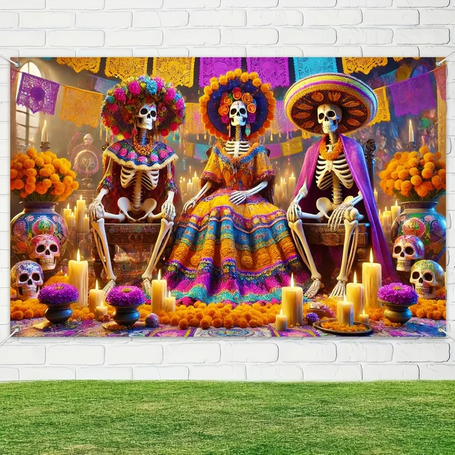 Alt view image 4 of 6 - Dia de Los Muertos Banner 71x43 in Skeleton Couple Party Decor Day of the Dead Background, Sugar Skull Fiesta Banner for Fiesta, Wall and Photo Booth, Skeleton Couple Artwork
