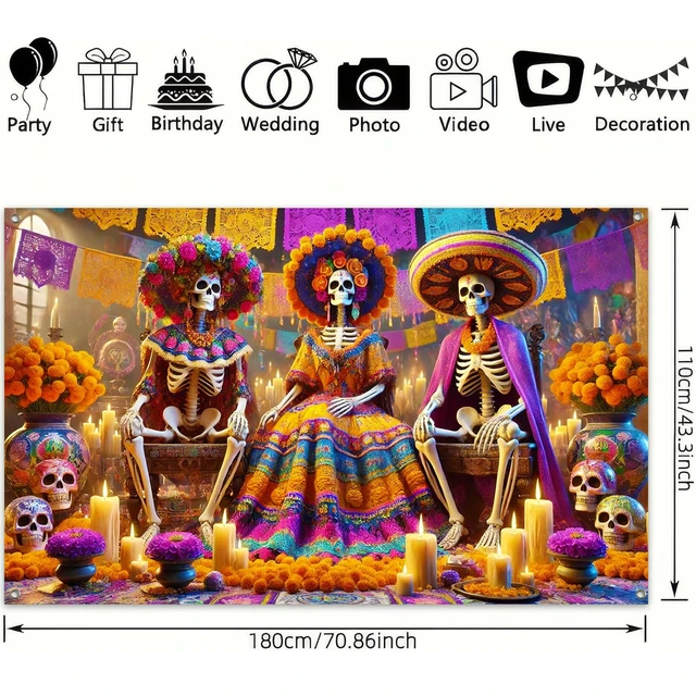 Alt view image 3 of 6 - Dia de Los Muertos Banner 71x43 in Skeleton Couple Party Decor Day of the Dead Background, Sugar Skull Fiesta Banner for Fiesta, Wall and Photo Booth, Skeleton Couple Artwork