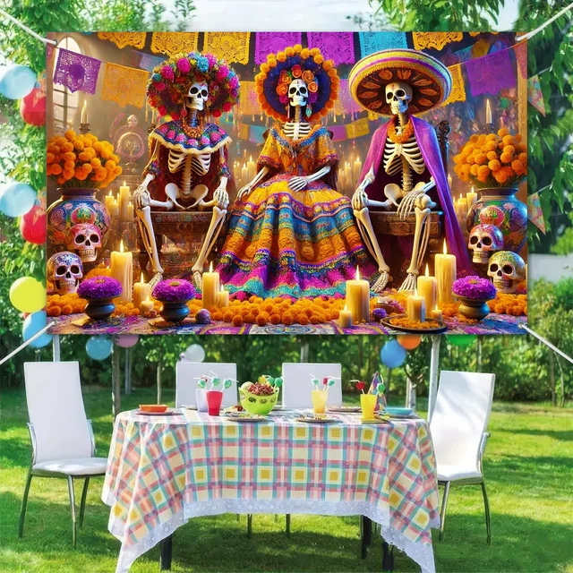 Alt view image 6 of 6 - Dia de Los Muertos Banner 71x43 in Skeleton Couple Party Decor Day of the Dead Background, Sugar Skull Fiesta Banner for Fiesta, Wall and Photo Booth, Skeleton Couple Artwork