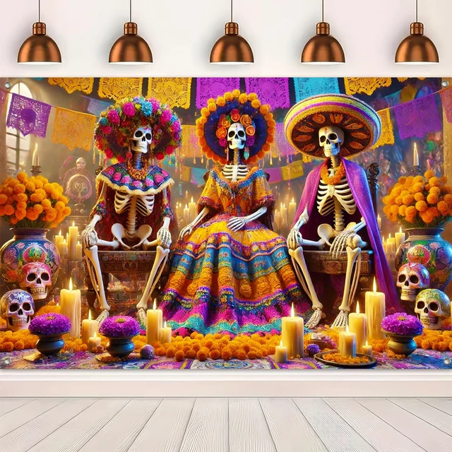 Alt view image 5 of 6 - Dia de Los Muertos Banner 71x43 in Skeleton Couple Party Decor Day of the Dead Background, Sugar Skull Fiesta Banner for Fiesta, Wall and Photo Booth, Skeleton Couple Artwork