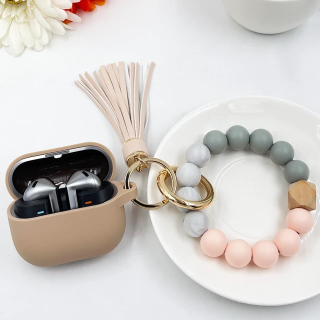 Alt view image 6 of 7 - Compatible with Samsung Galaxy Buds 3 Case/Pro Case, Silicone Protective Cover With Bracelet Keychain (Milk Tea)