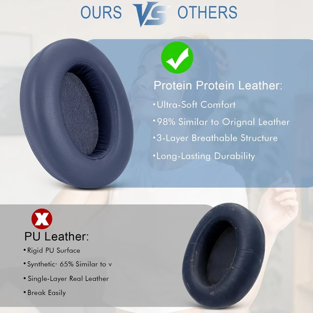 Alt view image 6 of 7 - Ear Pads Replacement for Sony WH-XB910N Headphones, Blue Earpads Ear Cushions for Sony WH-XB910N, Protein Leather, High-Density Memory Foam, Noise Isolation