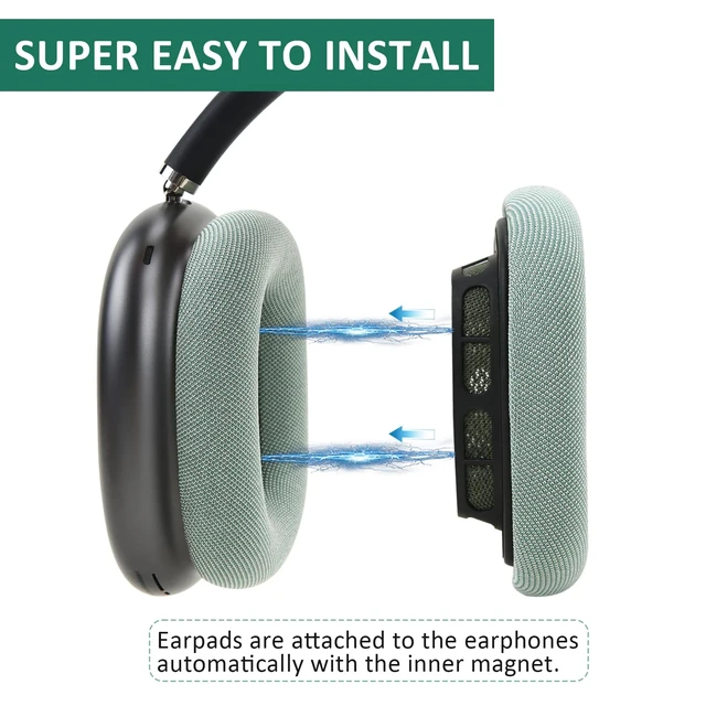 Alt view image 2 of 7 - Replacement Gel Ear Cushions for Apple AirPods Max 1, Mesh Fabric Covered Ear Pads & Silicone & Memory Foam and Magnet (Green)