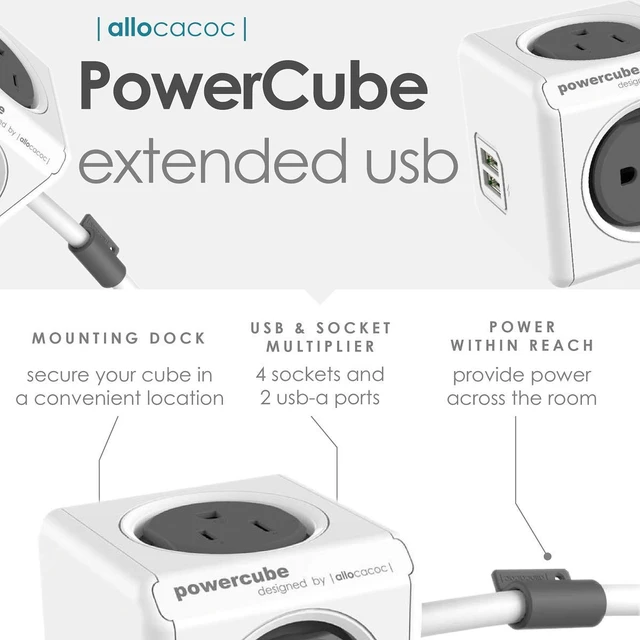 Alt view image 4 of 7 - PowerCube Extended 4 Outlets 2USB, 5ft Power Strip Surge Protector 1875W 15A 125V 14AWG, No Blockage, Mounting Dock, Heavy Duty Travel Home Office Dorm Cruise Compact Space Saving, ETL