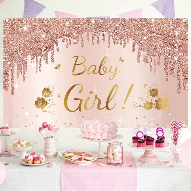 Alt view image 3 of 6 - Baby Shower Decorations Baby Girl Banner Backdrop Party Decorations Baby Girl Shower Sign Party Supplies, Pink Rose Gold Baby Shower Poster Background Photo Booth Props Decor