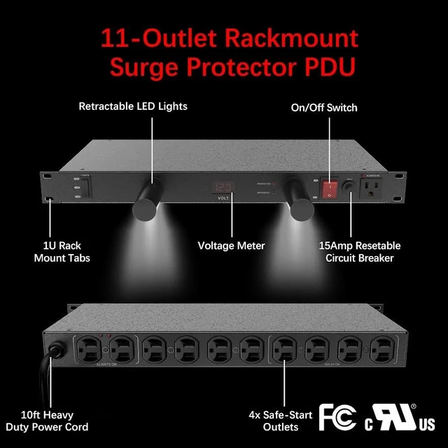 Alt view image 6 of 7 - 11-Outlet 2160J Rackmount Surge Protector PDU w/LED Lights & 10ft Cord, CPPDU511
