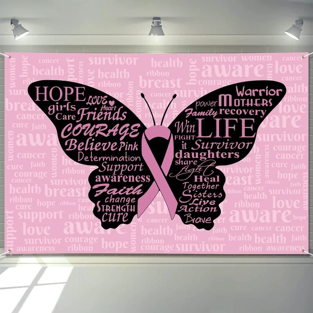 Main image of Breast Cancer Awareness Month Banner 72" x 48" Decorations Pink Ribbon Butterfly Inspiring Words Hope Faith Strength Backdrop Phtotgraphy for Charity Activity Fundraising Gathering
