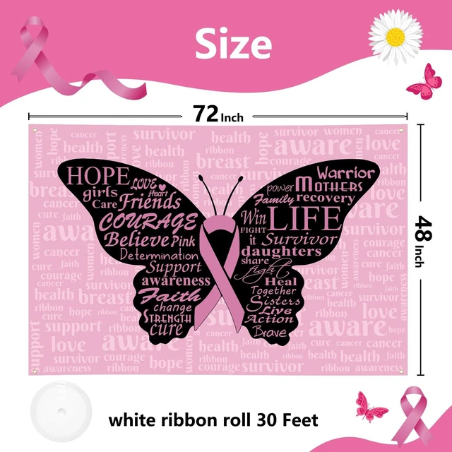 Alt view image 3 of 7 - Breast Cancer Awareness Month Banner 72" x 48" Decorations Pink Ribbon Butterfly Inspiring Words Hope Faith Strength Backdrop Phtotgraphy for Charity Activity Fundraising Gathering
