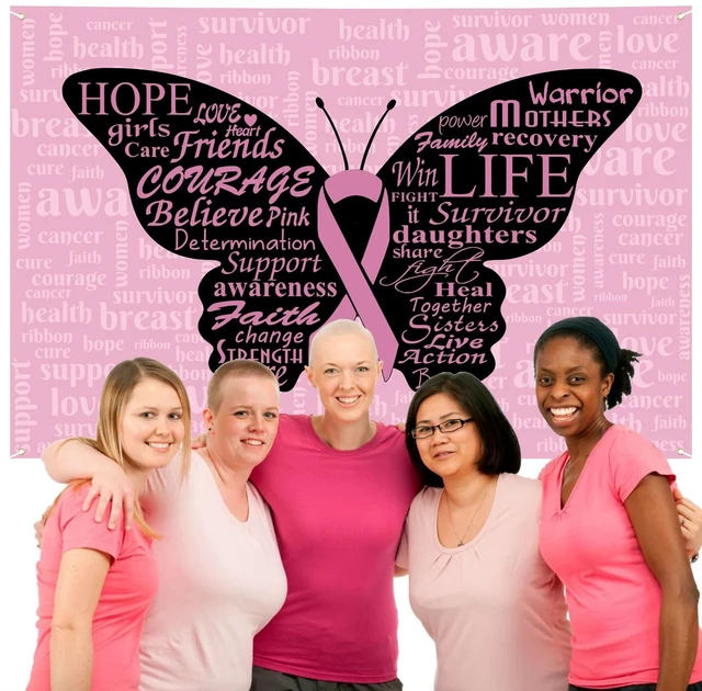 Alt view image 4 of 7 - Breast Cancer Awareness Month Banner 72" x 48" Decorations Pink Ribbon Butterfly Inspiring Words Hope Faith Strength Backdrop Phtotgraphy for Charity Activity Fundraising Gathering