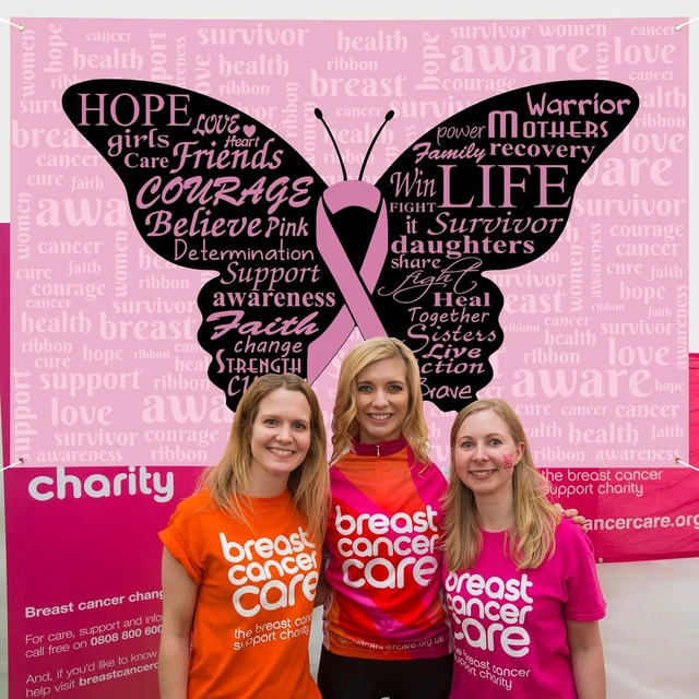 Alt view image 5 of 7 - Breast Cancer Awareness Month Banner 72" x 48" Decorations Pink Ribbon Butterfly Inspiring Words Hope Faith Strength Backdrop Phtotgraphy for Charity Activity Fundraising Gathering