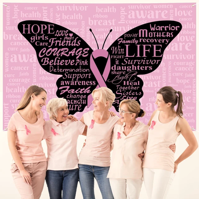 Alt view image 6 of 7 - Breast Cancer Awareness Month Banner 72" x 48" Decorations Pink Ribbon Butterfly Inspiring Words Hope Faith Strength Backdrop Phtotgraphy for Charity Activity Fundraising Gathering