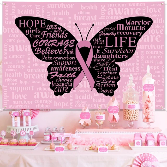 Alt view image 7 of 7 - Breast Cancer Awareness Month Banner 72" x 48" Decorations Pink Ribbon Butterfly Inspiring Words Hope Faith Strength Backdrop Phtotgraphy for Charity Activity Fundraising Gathering
