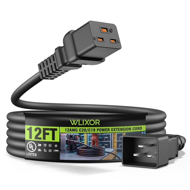Main image of UL Listed IEC C20 to IEC C19 Power Extension Cord, 12AWG 20A 250V, 12FT Heavy-Duty AC Power Cord Replacement for Rack Server, UPS, PDU, High-Power Computer, Network Data Center Equipment
