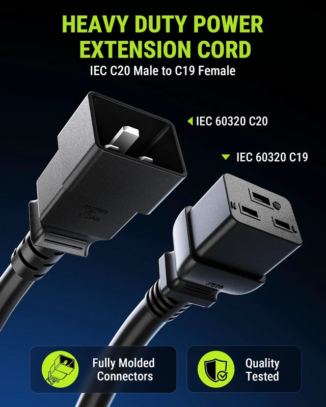 Alt view image 2 of 7 - UL Listed IEC C20 to IEC C19 Power Extension Cord, 12AWG 20A 250V, 12FT Heavy-Duty AC Power Cord Replacement for Rack Server, UPS, PDU, High-Power Computer, Network Data Center Equipment