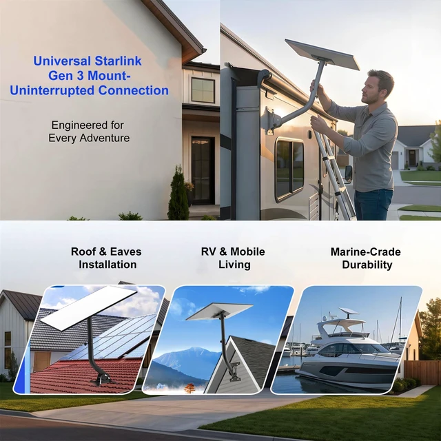 Alt view image 6 of 7 - Wall &Roof Mount for Gen 3& Gen 4/4X, 360° Adjustable and Extendable Fits Starlink Gen 3, Standard 4, and 4X. Extendable length. Mounts on wall, roof, concrete, or wood. Easy installation