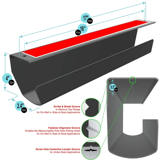 Alt view image 4 of 6 - Cable Management Tray, Under-Desk, On-Wall or Side-of-Desk, 17x4x2.4, 2-PK, Hide & Organize Your Cables, Power Supplies and Power Strips, Bonus 10-Pk Cable Ties