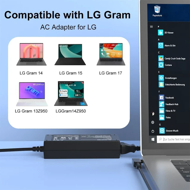 Alt view image 2 of 6 - 65W Round Tip Travel Replacement Charger for LG Gram 13 14 15 17 Laptops Model 13Z970 13Z975 13Z980 14Z970 14Z980 14Z960 15Z975 15Z980 15Z970 17Z995 17Z990 Adapter Power Cord