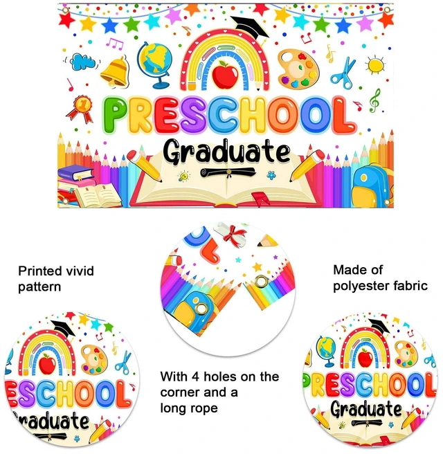 Alt view image 5 of 7 - Preschool Graduation Backdrop Banner 2026 Prek Kindergarten Graduation Decorations Banner Congrats Grad Class of 2026 Preschool Graduation Decorations Photo Booth Props 70.8 x 43.3 Inch