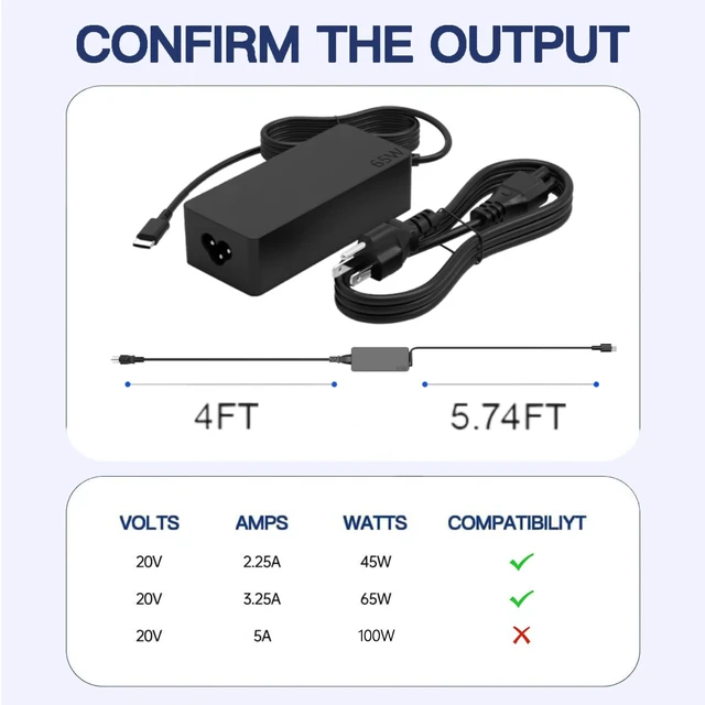 Alt view image 4 of 7 - 65W USB C Charger Compatible with LG Gram 14 15 16 17 Laptop Fit for 17Z90T 17Z90TL 17Z90R-Q 17Z90TP 16Z90TL 16Z90T 16Z90S 16Z90R-Q 16T90TP 16Z90TP 16Z90TS 15UB50T