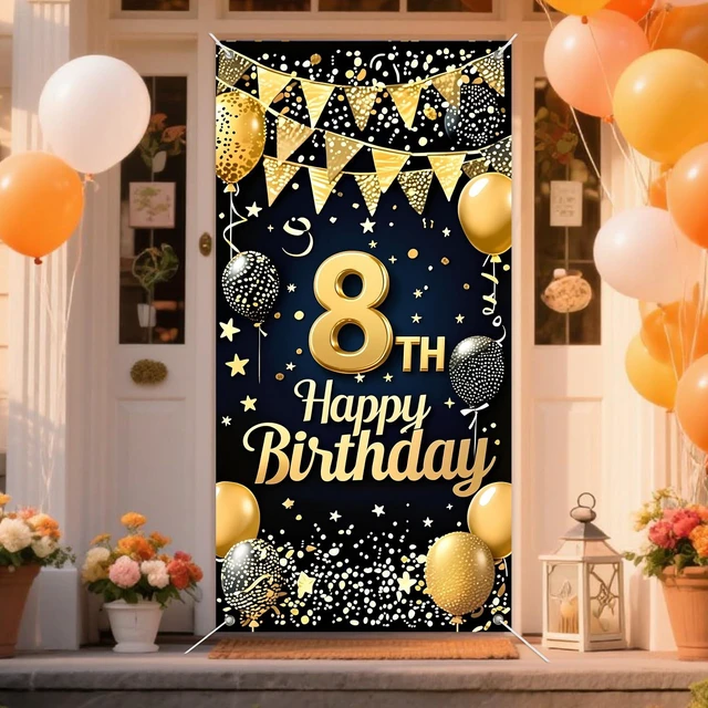 Main image of 8th Birthday Door Cover 71x35 Inch Gold Glitter Birthday Banner for Party Decorations Balloons Stars Fireworks Backdrop Sign for Men Women Photo Booth Prop Wall Decor