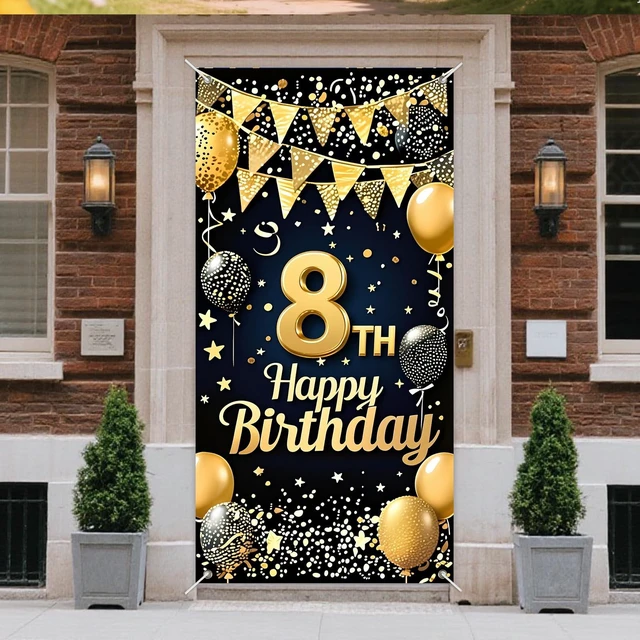 Alt view image 2 of 7 - 8th Birthday Door Cover 71x35 Inch Gold Glitter Birthday Banner for Party Decorations Balloons Stars Fireworks Backdrop Sign for Men Women Photo Booth Prop Wall Decor