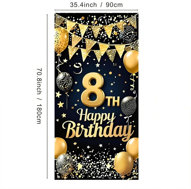 Alt view image 3 of 7 - 8th Birthday Door Cover 71x35 Inch Gold Glitter Birthday Banner for Party Decorations Balloons Stars Fireworks Backdrop Sign for Men Women Photo Booth Prop Wall Decor