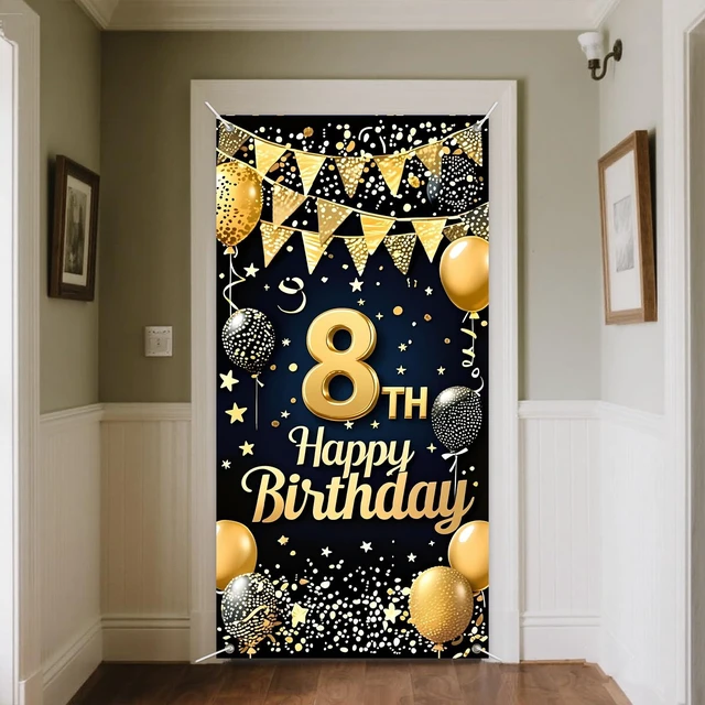 Alt view image 4 of 7 - 8th Birthday Door Cover 71x35 Inch Gold Glitter Birthday Banner for Party Decorations Balloons Stars Fireworks Backdrop Sign for Men Women Photo Booth Prop Wall Decor