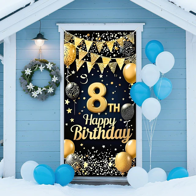 Alt view image 5 of 7 - 8th Birthday Door Cover 71x35 Inch Gold Glitter Birthday Banner for Party Decorations Balloons Stars Fireworks Backdrop Sign for Men Women Photo Booth Prop Wall Decor