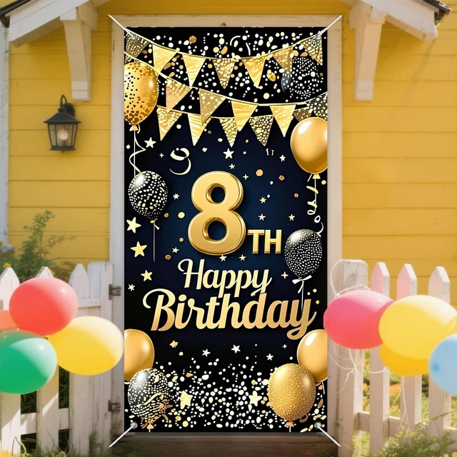 Alt view image 6 of 7 - 8th Birthday Door Cover 71x35 Inch Gold Glitter Birthday Banner for Party Decorations Balloons Stars Fireworks Backdrop Sign for Men Women Photo Booth Prop Wall Decor