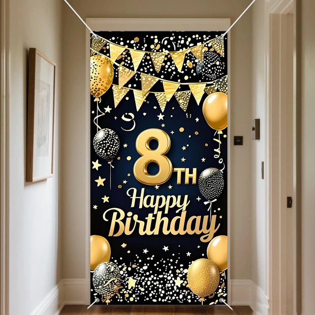 Alt view image 7 of 7 - 8th Birthday Door Cover 71x35 Inch Gold Glitter Birthday Banner for Party Decorations Balloons Stars Fireworks Backdrop Sign for Men Women Photo Booth Prop Wall Decor