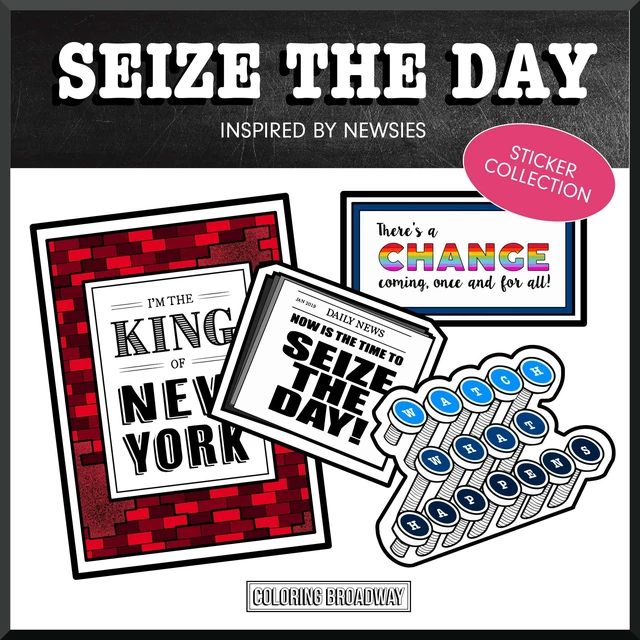 Main image of NEWSIES inspired Stickers (Set of 4) Seize The Day Collection, Broadway Musical Merchandise, Die-Cut & Bubble Free Vinyl, Ideal Gift for Theatre Lovers, Broadway Theater Stickers