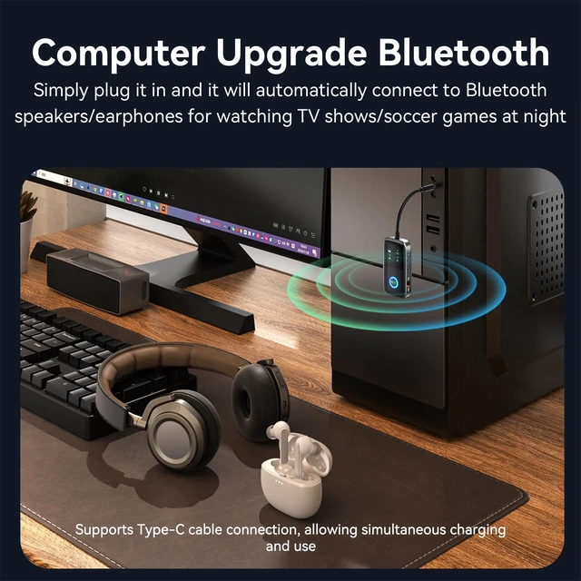 Alt view image 7 of 7 - Bluetooth 5.2 Transmitter Receiver aptX Adaptive/Low Latency/HD Bluetooth Adapter Support 2 AirPods Phones, Wireless Audio Receiver 3.5mm Aux Headphone Jack Adapter for Airplane Travel/TV/Home Stereo