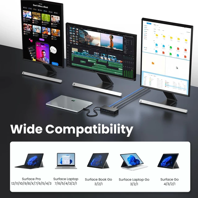 Alt view image 5 of 7 - Surface Docking Station, 12-in-1 Triple Display Dual 4K HDMI & DP & VGA, Ethernet, USB Hub, Surface Pro Dock for Surface Pro 12/11/10/9/8/X/7/6/5/4/3, Surface Laptop 7/6/5/4/3/2/1, Surface Book Go
