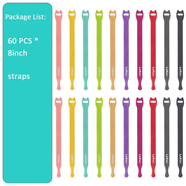 Alt view image 3 of 7 - Cable Ties, 60 PCS 8 Inch Fastening Cable Straps, Reusable Hook and Loop Straps Wire Management, Cord Organizer Ties for Home Desk Office Organization