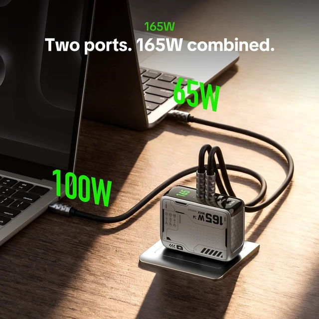 Alt view image 2 of 7 - E-Rhino 165W 4-Port GaN USB C Charger, 140W MacBook Pro Charger 140W PD 3.1, Smart Display, 165W Dual-Port Power, Foldable Plug, Charge 2 Laptops or 4 USB-C Devices for Work, Home & Travel
