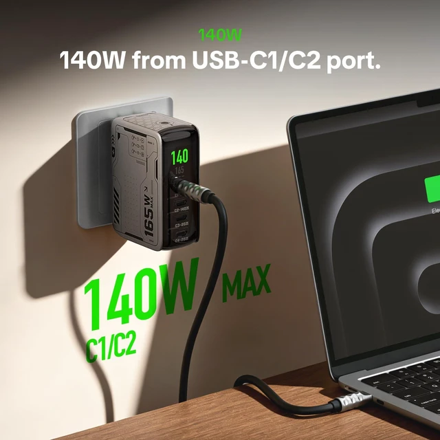 Alt view image 3 of 7 - E-Rhino 165W 4-Port GaN USB C Charger, 140W MacBook Pro Charger 140W PD 3.1, Smart Display, 165W Dual-Port Power, Foldable Plug, Charge 2 Laptops or 4 USB-C Devices for Work, Home & Travel