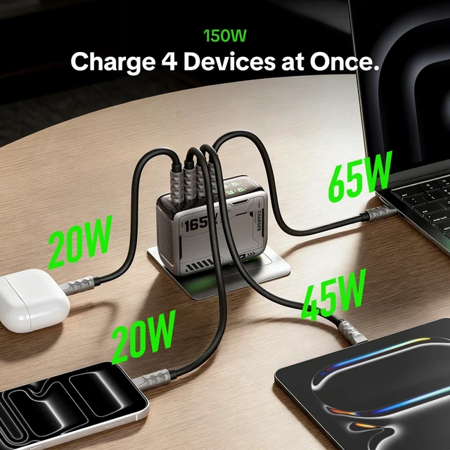 Alt view image 4 of 7 - E-Rhino 165W 4-Port GaN USB C Charger, 140W MacBook Pro Charger 140W PD 3.1, Smart Display, 165W Dual-Port Power, Foldable Plug, Charge 2 Laptops or 4 USB-C Devices for Work, Home & Travel
