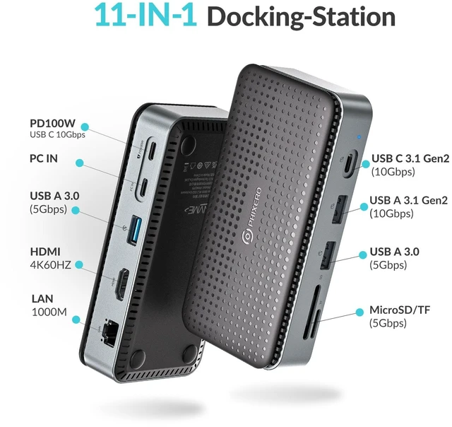 Alt view image 2 of 7 - 11-in-1 Docking Station with M.2 NVME SATA SSD Enclosure, USB-C Hub with 10 Gbps USB-C/A Data Ports, 4K HDMI, PD 100W, 2* USB 3.0 Data, 1000M Ethernet, MicroSD & TF, for Laptop and More