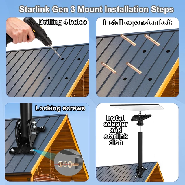 Alt view image 6 of 7 - Starlink Mounting Kit for Standard 4,4X,Gen 3 14" Roof Pole Mount 160° Tilt Adjustable Aluminum Pipe Adapter, Heavy Duty Metal Bracket, Compatible with Starlink V3/V4, Enterprise Dish, Black