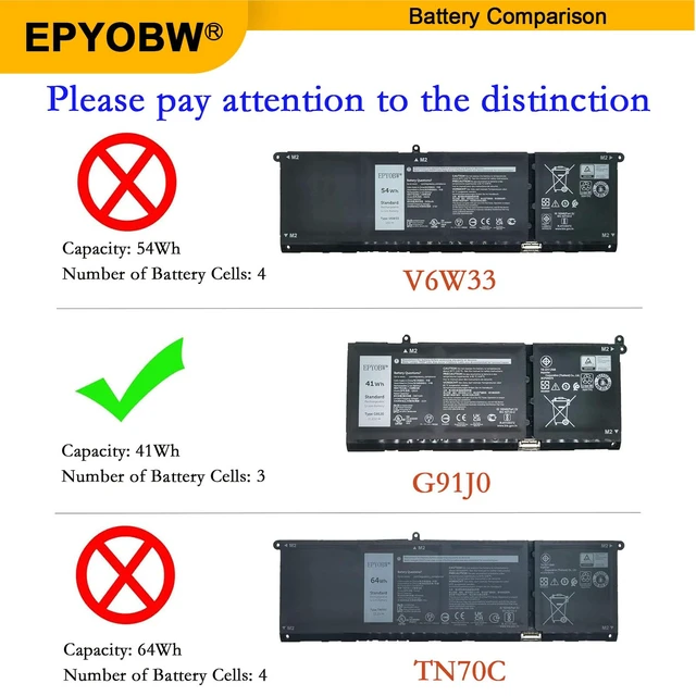 Alt view image 3 of 7 - G91J0 Laptop Battery 41Wh 3467mAh 11.25V V6W33 TN70C N9XX Compatible with Dell Latitude 3320 3330 / Inspiron 15 3510 3511 / Inspiron 14 5410 7420 2-in-1 / Vostro 15 3510 3511 Series