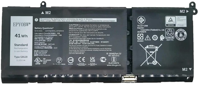 Main image of G91J0 Laptop Battery 41Wh 3467mAh 11.25V V6W33 TN70C N9XX Compatible with Dell Latitude 3320 3330 / Inspiron 15 3510 3511 / Inspiron 14 5410 7420 2-in-1 / Vostro 15 3510 3511 Series