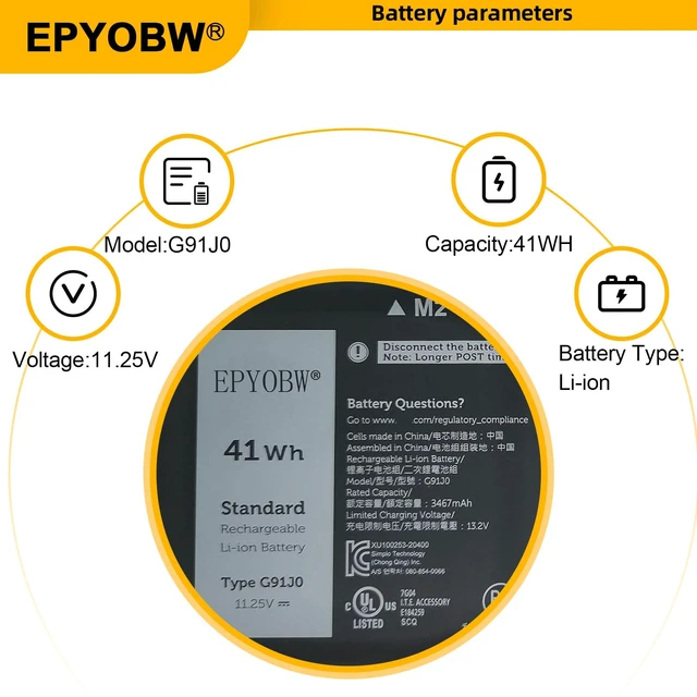 Alt view image 4 of 7 - G91J0 Laptop Battery 41Wh 3467mAh 11.25V V6W33 TN70C N9XX Compatible with Dell Latitude 3320 3330 / Inspiron 15 3510 3511 / Inspiron 14 5410 7420 2-in-1 / Vostro 15 3510 3511 Series