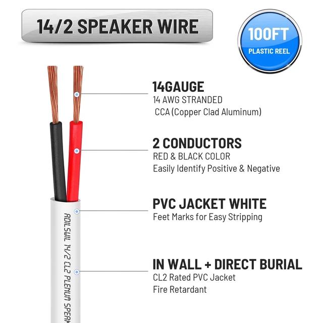 Alt view image 2 of 6 - 14 Gauge Speaker Wire (100FT), Electrical Wire,14 AWG Stranded PVC Extension Cord, 12V Low Voltage/Tinned Copper/Flexible Cable for Automotive Wiring, Lamp Cord, Marine Cable-CCA