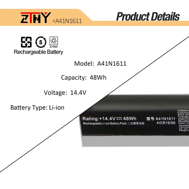 Alt view image 3 of 7 - A41N1611 Battery Replacement for Asus Rog Strix GL553VD GL553VE GL553VW GL753V GL753VD GL753VE FX53VD FX53VE FX53VW FX553VD FX553VE FX753VD FX753VE ZX53VW ZX553VD PX553VD PX753VD G553VD G553VE