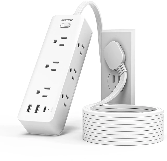 Main image of Flat Plug Extension Cord 5 FT, 6 Outlets, 3 USB, Surge Protector Wall Mountable, USB-C, Phone Holder, 13A Fuse, Overload Protection, Fire-Retardant, Home Office Dorm, White