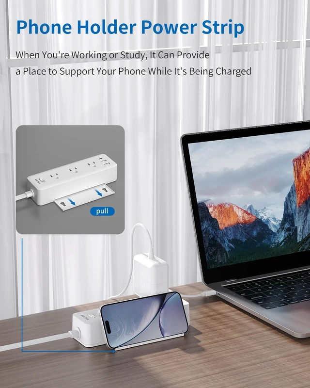 Alt view image 3 of 7 - Flat Plug Extension Cord 5 FT, 6 Outlets, 3 USB, Surge Protector Wall Mountable, USB-C, Phone Holder, 13A Fuse, Overload Protection, Fire-Retardant, Home Office Dorm, White